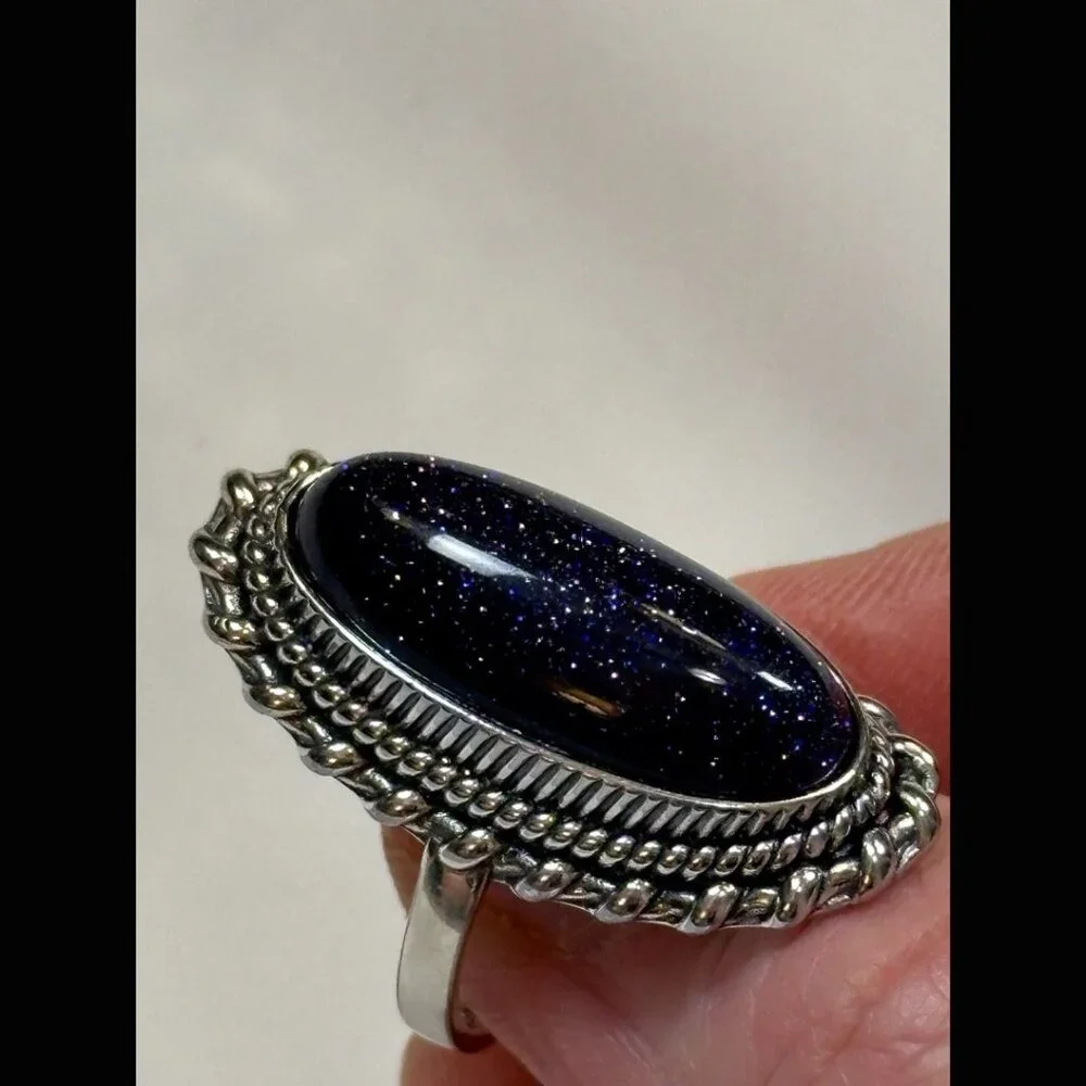 90s OOAK Oval Blue Goldstone Sterling Silver Ring Boho Grunge Good Luck 8 - Picture 2 of 7